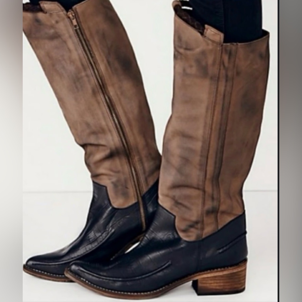 Free People Tri-Tone Distressed Black Brown Leather Knee High Western Boho Boots